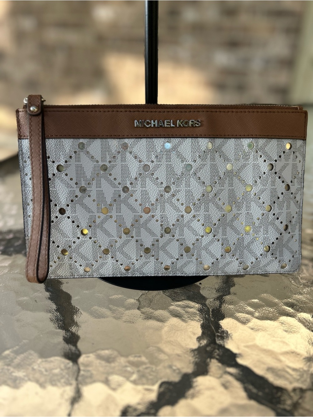 Michael Kors Signature Laser Cut Logo Wristlet Clutch Vanilla Tan